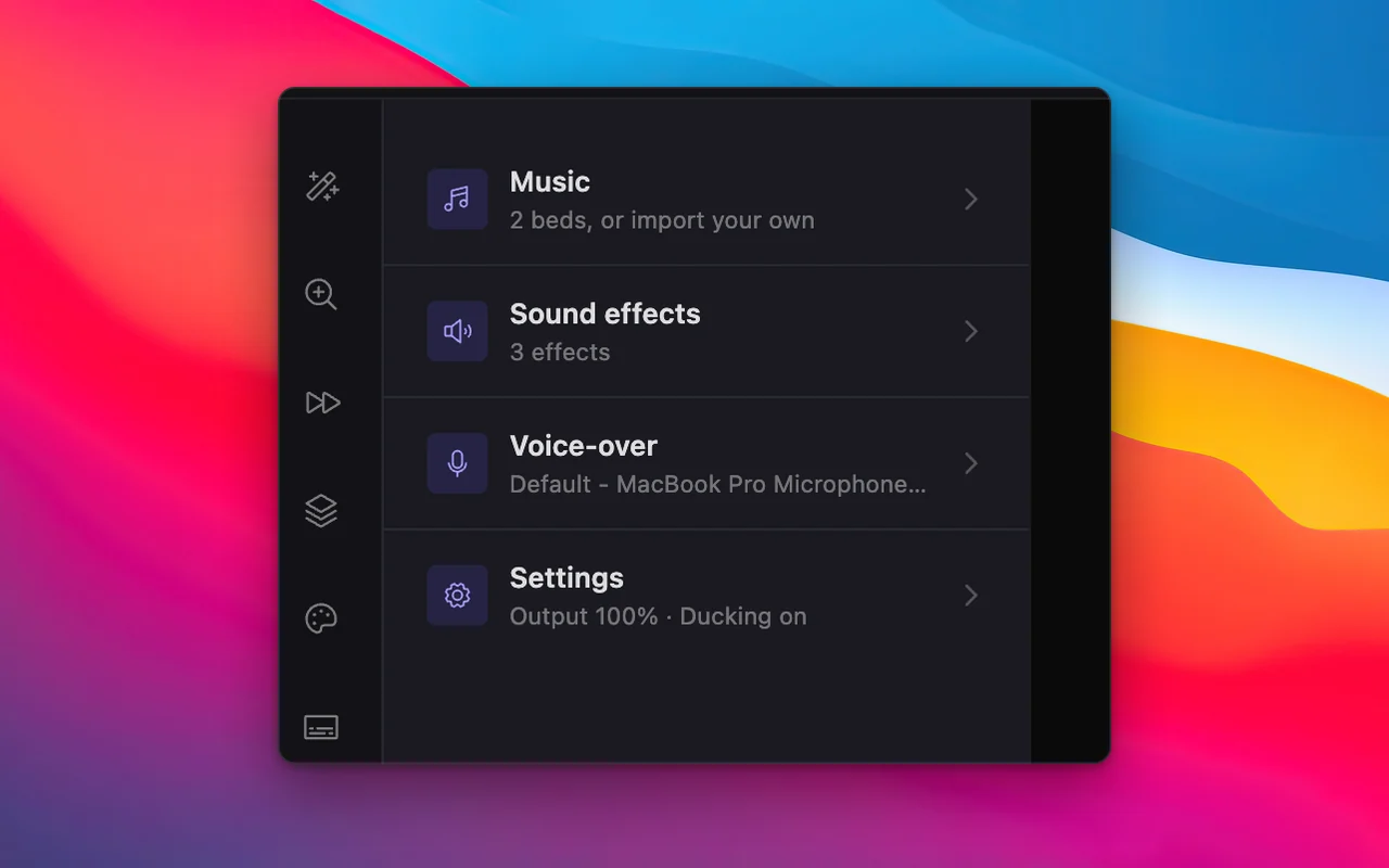 Audio: music, sound effects, voice-over and output
