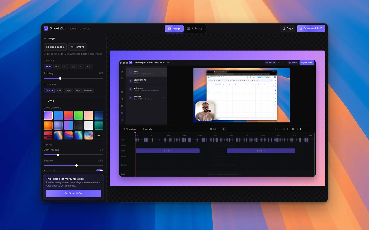 Screenshot Studio, the free screenshot beautifier, with a screenshot on a gradient